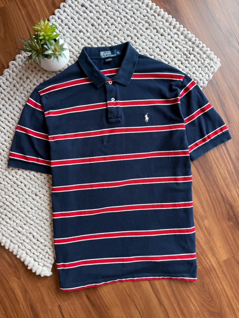Polo Ralph Lauren | Men’s Vintage Short Sleeve Polo Shirt Navy/Red Stripes | XL